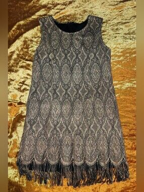 Vintage 1980s Black Gold Crochet Lace 1920s Style Fringed Shift Dress By Expose
